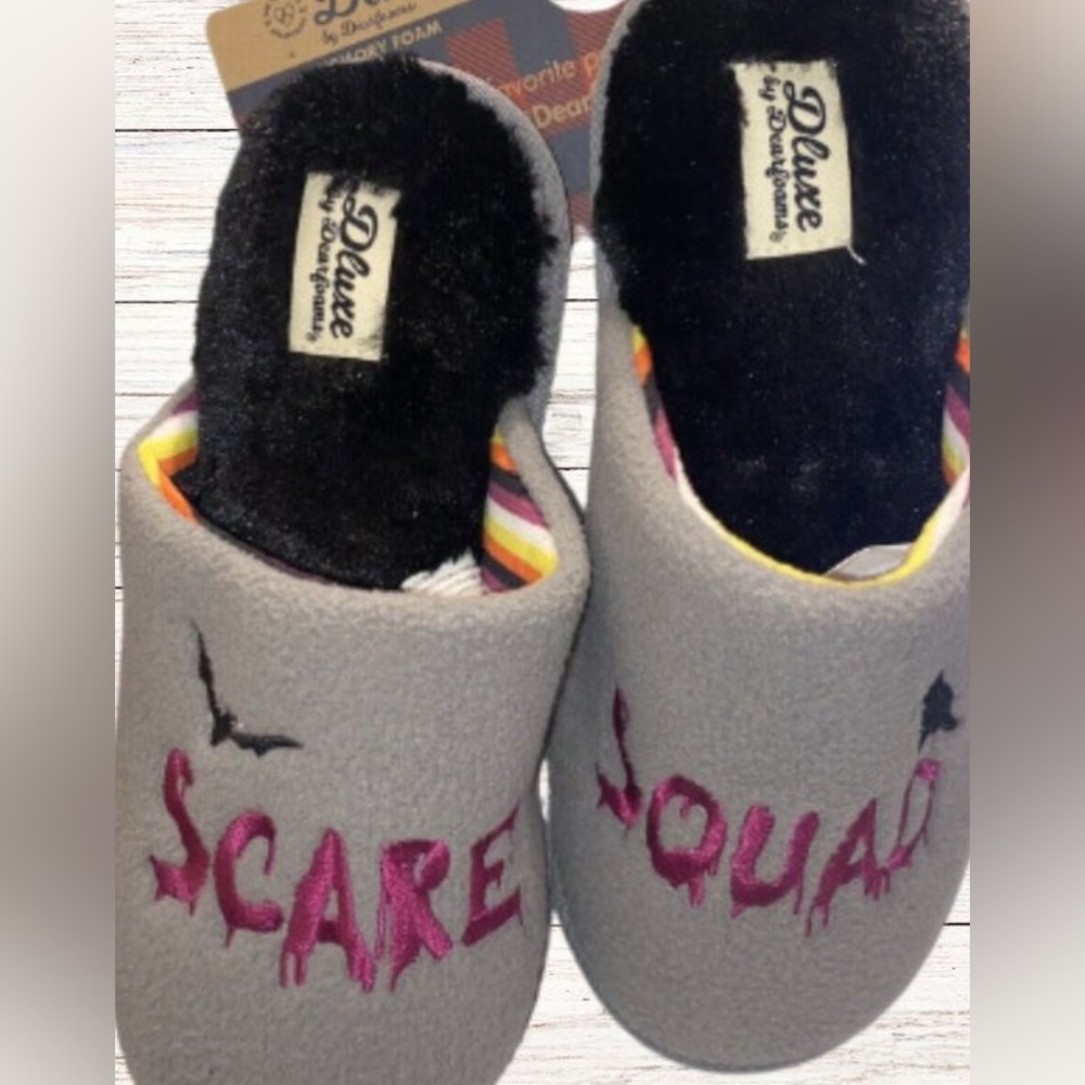 Dearfoams Ladies Slippers Size 7-8 Scare Squad Memory Foam Bat Raven Dluxe Plush